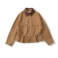 Giacca utility marrone avvitata con colletto in pelle e coulisse in vita - S / Top Cachi