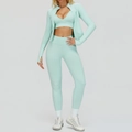 Ensemble de yoga sans couture 3 pièces vert menthe avec legging côtelé et veste - S / Haut Et Bas / Ensemble trois pièces / Vert menthe