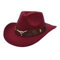 Detail of burgundy wool western cowboy hat with leather band and silver bull head icon - M (56-58cm) / Burgundy