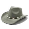 Retro grey-green suede western cowboy hat with decorative heart beaded band on white background - M (56-58cm) / Army Green Suede