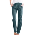Women's loose cotton linen wide leg pants with drawstring waist in dark teal color - S / Malachite green