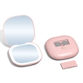 Pink portable square LED makeup mirror with 5X magnification and CR2032 batteries - 5X Magnification / Battery Powered / Pink