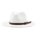 Detalle de sombrero de paja blanco con banda de cuero marrón y relieve de flores - M (56-58cm) / Blanco