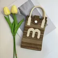 Cute striped knit phone bag in brown with letter M and faux leather handles - Letter M-Coffee Stripe
