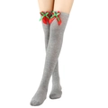Detail of grey over-knee knitted socks featuring red and green ribbon bow decorations - One Size / Red Green Bowknot Decor / Light Gray