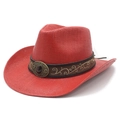 Detail of red straw cowboy hat with embroidered brown band and bronze turquoise buckle - M (56-58cm) / Red