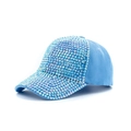 Close-up of sparkling iridescent rhinestones on a light blue fashion baseball cap surface - Sky Blue