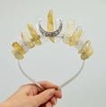 Bohemian moon crown headband featuring raw yellow crystal clusters and silver wire wrap - Citrine + Clear Quartz