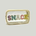 Transparent PVC toiletry bag with beige trim and colorful chenille SNACK letter patches - Chenille Letter Patch (SNACK) / Light Yellow