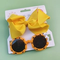 Kids orange round sunglasses with bear motif and yellow bow headband set for girls - Yellow Large Bowknot Set
