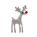 Detailed close-up of a silver reindeer brooch with sparkling rhinestones and a red nose - Small Silver Reindeer (C281-B)