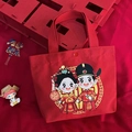 Red canvas wedding gift bag with festive illustration and woven handle for bridesmaids - Snap Button Style / Happy Marriage
