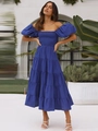 Abito lungo blu scuro a spalle scoperte con maniche a sbuffo e vita elastica da donna - Blu Notte