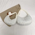 White quilted dumpling bag in two sizes with plush nylon texture and wide strap - Small / White