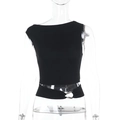 Close-up of black slim fit crop top featuring a twist knot and metal ring detail - S / Black
