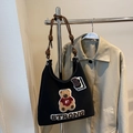 Borsa tote in tela nera retrò con ricamo di orsetto e spalline in pelle marrone - Senza Ciondolo / Nero