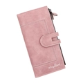 Pink faux leather long wallet for women with buckle closure and side zipper design - Pink