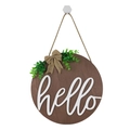 Targa rustica rotonda in legno con scritta hello e fiocco in juta su sfondo bianco - Marrone Scuro-Hello
