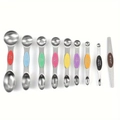 Stainless steel measuring spoon set with leveler and engraved measurement markings - 9-Piece Double-Sided Measuring Spoon Set (Colored Handles)