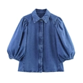 Camicia di jeans blu scuro alla moda con maniche a sbuffo e colletto polo distesa - XS / Top Blu Scuro