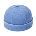 Light blue washed denim docker cap without brim featuring breathable eyelets and top button - Adjustable / Light Blue