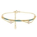 Bracelet en argent S925 plaqué or 14K avec perles et zircons bleus et jaunes brillants - Bracelet Double Rang avec Perles et Strass Colorés Or 14K (GPB26-14K)