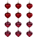 Set of 12 red heart Christmas ornaments in matte and glossy finishes with silver strings - Burgundy