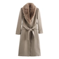 Women's long camel wool coat with a large fur collar and waist belt in a slim fit style - XS / Khaki
