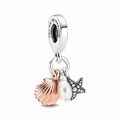 Ocean-themed charm pendant with silver starfish, rose gold shell, and pearl charm - Rose Gold Shell Starfish Pearl Charm