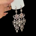 Detail of silver drop tassel earrings featuring a large pink gemstone and rhinestones - 26# Silver Earring Post - Silver - Pink