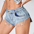 Lichtblauwe denim short met hoge taille, strass franjes en trendy distressed details - XS / Blauw