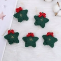 Five-piece green wool felt Christmas star ornaments with red bows and gold snowflakes - Green Star / Green
