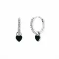 Detail of S925 silver hoop earrings with micro-set zircon and black heart charms - Heart Lock Pendant Earring (JQH0021-SS-5) / Silver Black Heart Pendant (JQH0021-SS-5)