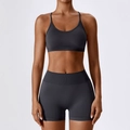 Seamless dark grey fitness set featuring racerback sports bra and high-waist shorts - S / Bra + Shorts / Dark Gray