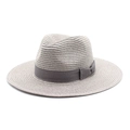 Close-up of grey straw fedora hat featuring wide brim and elegant dark grey ribbon bow - M (56-58cm) / Light Gray