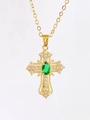 Retro punk gold cross necklace featuring a green oval stone and zircon accents - Necklace / Gold Green Zirconia
