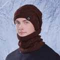 Ensemble bonnet en tricot marron foncé et tour de cou doublé polaire pour l'hiver - Café