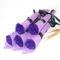 Five purple soap carnations individually wrapped in cones with decorative black ribbons - Purple (Shiny Carnation)