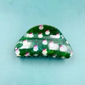 Grüne Haarklammer aus PVC mit buntem Weihnachtsmann-Druck und weißen Punktmustern - Halbkreis Grün 8.3cm