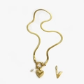 Gold snake chain necklace with heart pendant, pearl charm and V-letter accent detail - Gold - Letter V