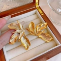 Polished gold floral hoop earrings with textured petal design in a vintage style - A2544 Gold 3D Petal Earrings