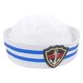 Detail of white sailor hat with blue stripes and embroidered nautical anchor badge - Blue Stripe Golden Anchor Badge