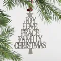 Silver metal Christmas tree ornament with cutout holiday words and a red hanging string - Text Tree Antique Silver / Antique Silver