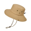Men's outdoor wide brim sun hat in khaki with mesh vents and windproof strap - Khaki