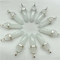 Set of 10 white hexagonal opal crystal bullet pendants with silver plated metal clasps - Pendant Only / White Crystal