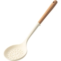 Espumadera de silicona beige con mango de madera resistente al calor para cocinar - Espumadera blanco lechoso (con soporte)