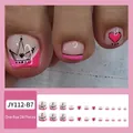 Pink and white press-on toenails with crown and heart patterns, 24 pcs box set - JY112-B7 Heart Crown