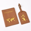 Brown PU leather passport holder and luggage tag set with golden world map patterns - Light Brown Map