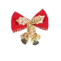 Dettaglio di un fiocco di Natale rosso con foglie dorate e due campanellini in metallo - Fiocco In Tessuto Rosso Con Foglia D'oro E Campanelli Dorati (Fiocco Di Natale 2)