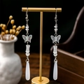 Elegant beaded butterfly drop earrings with white teardrop pendants on a gold stand - E1229/Iridescent Butterfly Hook